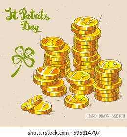 Linear sketch of the golden coins and text  St. Patrick's Day. Vector vintage hand drawn illustration on the textured paper background.