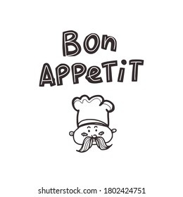Esbozo lineal del icono del chef en la gorra y la inscripción "Bon Arretit". Estilo Doodle. Concepto de cocina. Aislado sobre fondo blanco, ilustración vectorial de stock.