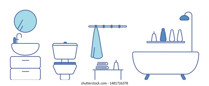 Linear sketch of an interior. Bathroom. Vector illustration. Front view. Includes: sink, toilet and bath.