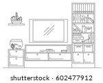 Linear sketch of the interior. Bookcase, dresser with TV and shelves. Vector illustration