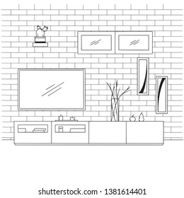 Linear sketch of the interior. Bookcase, dresser with TV and shelves.  Hand drawn vector illustration of a sketch style.