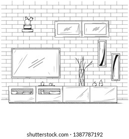 Linear sketch of the interior. Bookcase, dresser with TV and shelves.  Hand drawn vector illustration of a sketch style.