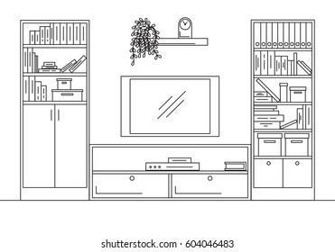 Linear sketch of the interior. Bookcase, dresser with TV and shelves. Vector illustration