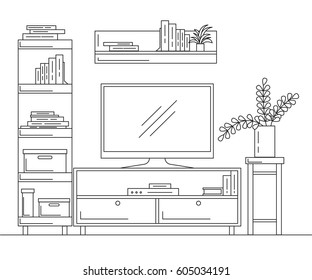Linear sketch of the interior. Bookcase, dresser with TV and shelves. Vector illustration