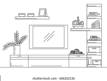 Linear sketch of the interior. Bookcase, dresser with TV and shelves. Vector illustration