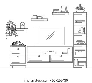 Linear sketch of the interior. Bookcase, dresser with TV and shelves. Vector illustration