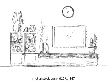 Linear sketch of the interior. Bookcase, dresser with TV and shelves.  Hand drawn vector illustration of a sketch style.