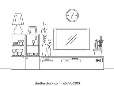 Linear sketch of the interior. Bookcase, dresser with TV and shelves. Linear sketch of the interior in a modern style.