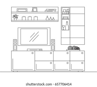 Linear sketch of the interior. Bookcase, dresser with TV and shelves. Linear sketch of the interior in a modern style.