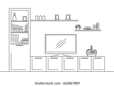 Linear sketch of the interior. Bookcase, dresser with TV and shelves. Vector illustration