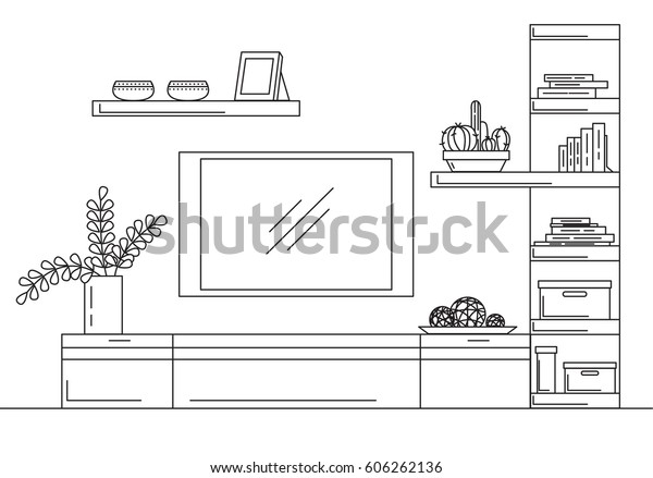 Linear Sketch Interior Bookcase Dresser Tv Royalty Free Stock Image