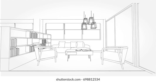 Linear sketch of an interior. Dining room area. Sketch Line sofa set. Vector illustration.outline sketch drawing perspective of a interior space.