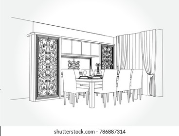 Linear sketch of an interior. dining room plan. Sketch Line furniture set. Vector illustration. outline sketch drawing perspective of a interior space.