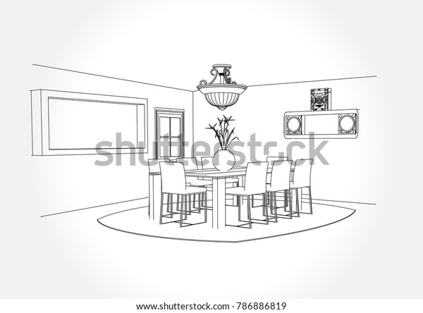 Linear Sketch Interior Dining Room Plan Stock Vektorgrafik