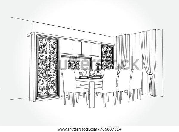 Linear Sketch Interior Dining Room Plan Stock Vector Royalty Free   Linear Sketch Interior Dining Room 600w 786887314 