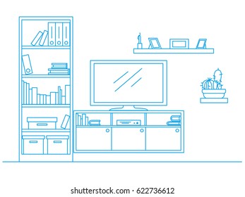  Lineare Skizze des Innenraums, gezeichnet mit einem blauen Stift. Bücherregal, Kommode mit TV und Regalen. Vektorgrafik