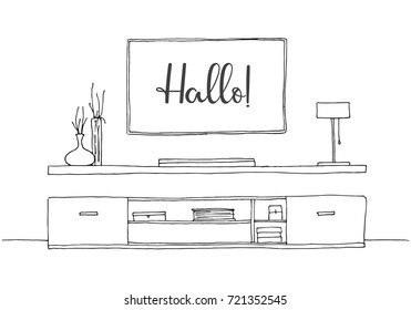 Linear sketch of the interior. Dresser with TV and shelves. Vector illustration.