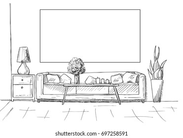 Linear sketch of an interior. Frame on the wall for Fitting Your information. Hand drawn vector illustration of a sketch style.