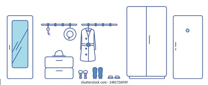 Linear sketch of an interior. Hallway. Vector illustration. Front view. Includes: door, cupboard, shoes, locker and hangers.