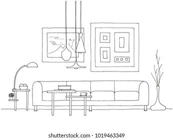 Esboço linear de um interior. Ilustração vetorial desenhada à mão de um estilo de esboço.