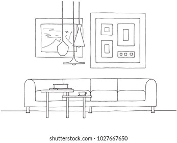 Linear sketch of an interior. Hand drawn vector illustration of a sketch style.