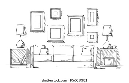 Linear Sketch Interior Hand Drawn Vector Stock Vector (Royalty Free ...