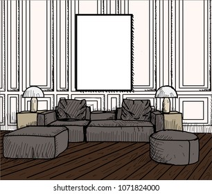 Linear sketch of an interior. Hand drawn vector illustration of a sketch style.