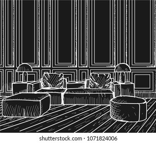 Linear sketch of an interior. Hand drawn vector illustration of a sketch style.