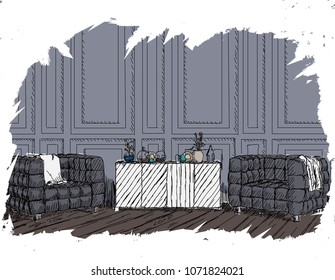 Linear sketch of an interior. Hand drawn vector illustration of a sketch style.