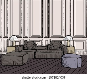 Linear sketch of an interior. Hand drawn vector illustration of a sketch style.