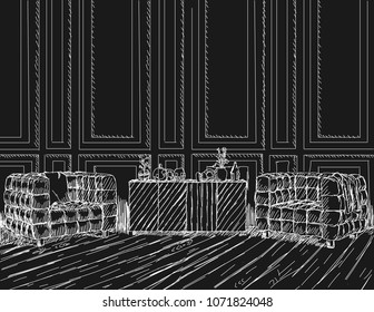 Linear sketch of an interior. Hand drawn vector illustration of a sketch style.