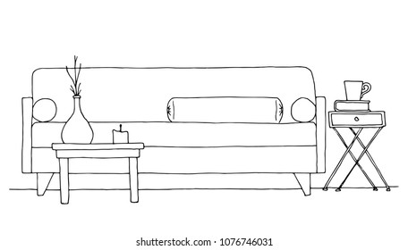 Linear sketch of an interior. Hand drawn vector illustration of a sketch style.