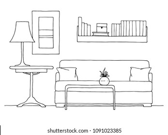 Linear sketch of an interior. Hand drawn vector illustration of a sketch style.