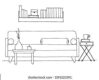 Linear sketch of an interior. Hand drawn vector illustration of a sketch style.