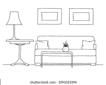 Linear sketch of an interior. Hand drawn vector illustration of a sketch style.