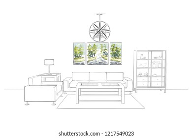 Linear sketch of an interior. Hand drawn vector illustration of a sketch style.