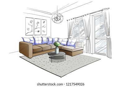 Linear sketch of an interior. Hand drawn vector illustration of a sketch style.
