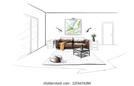 Linear sketch of an interior. Hand drawn vector illustration of a sketch style.