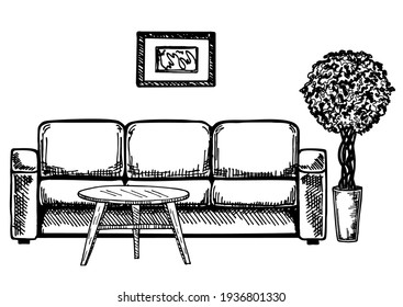 Esbozo lineal de un interior. Ilustración vectorial dibujada a mano de un estilo de esbozo. Diseño moderno y contemporáneo.
Esbozo rápido del interior vivo. Sofá, mesita baja y planta para el hogar. 