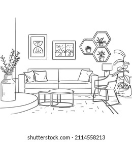 Linear sketch of an interior. Hand drawn vector illustration of a sketch style.