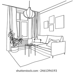 Linear sketch of an interior. Hand drawn vector illustration of a sketch style