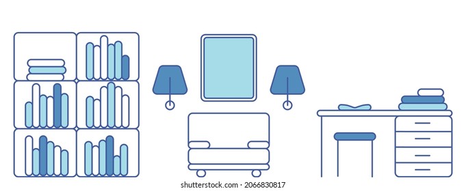 Linear sketch of an interior. Library and Home Office Vector illustration. Front view. Includes: mirror, work table, book shelf.