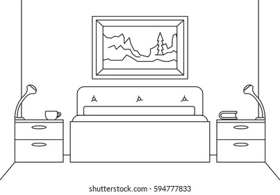 Linear sketch of an interior.  Sketch Line bedrooms. Vector illustration.