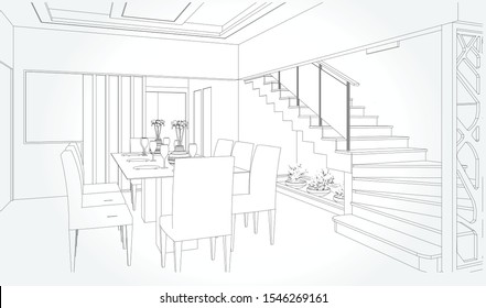 Linear sketch of an interior. Sketch Line dining room . Vector illustration.outline sketch drawing perspective of a interior space