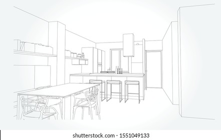 Linear sketch of an interior. Sketch Line dining room . Vector illustration.outline sketch drawing perspective of a interior space