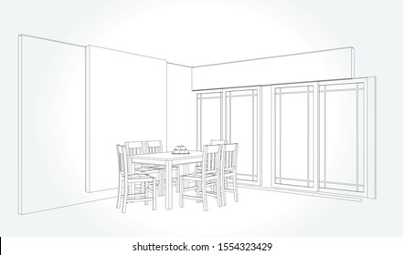 Linear sketch of an interior. Sketch Line dining room . Vector illustration.outline sketch drawing perspective of a interior space