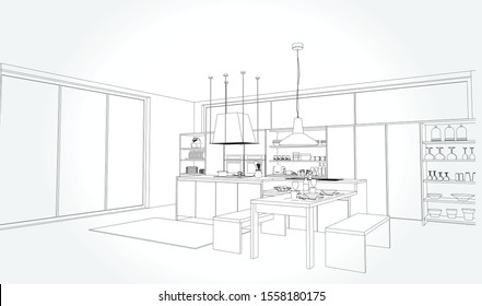 Linear sketch of an interior. Sketch Line dining room . Vector illustration.outline sketch drawing perspective of a interior space
