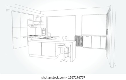 Linear sketch of an interior. Sketch Line dining room and kitchen. Vector illustration.outline sketch drawing perspective of a interior space
