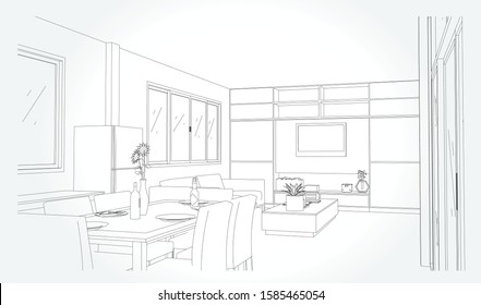 Linear sketch of an interior. Sketch Line dining room . Vector illustration.outline sketch drawing perspective of a interior space