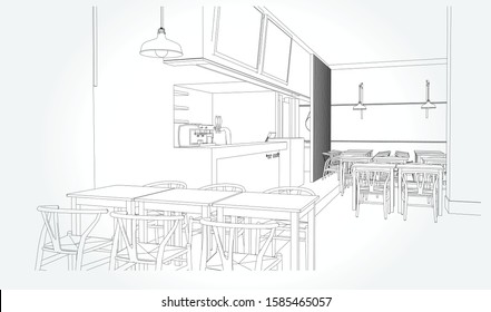 Linear sketch of an interior. Sketch Line dining room . Vector illustration.outline sketch drawing perspective of a interior space